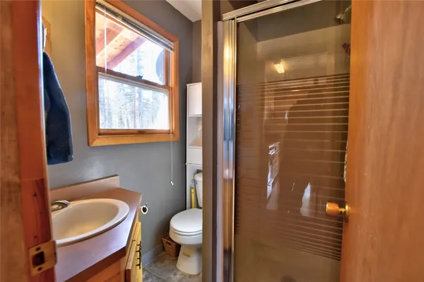 a bathroom with a sink a toilet a mirror and shower