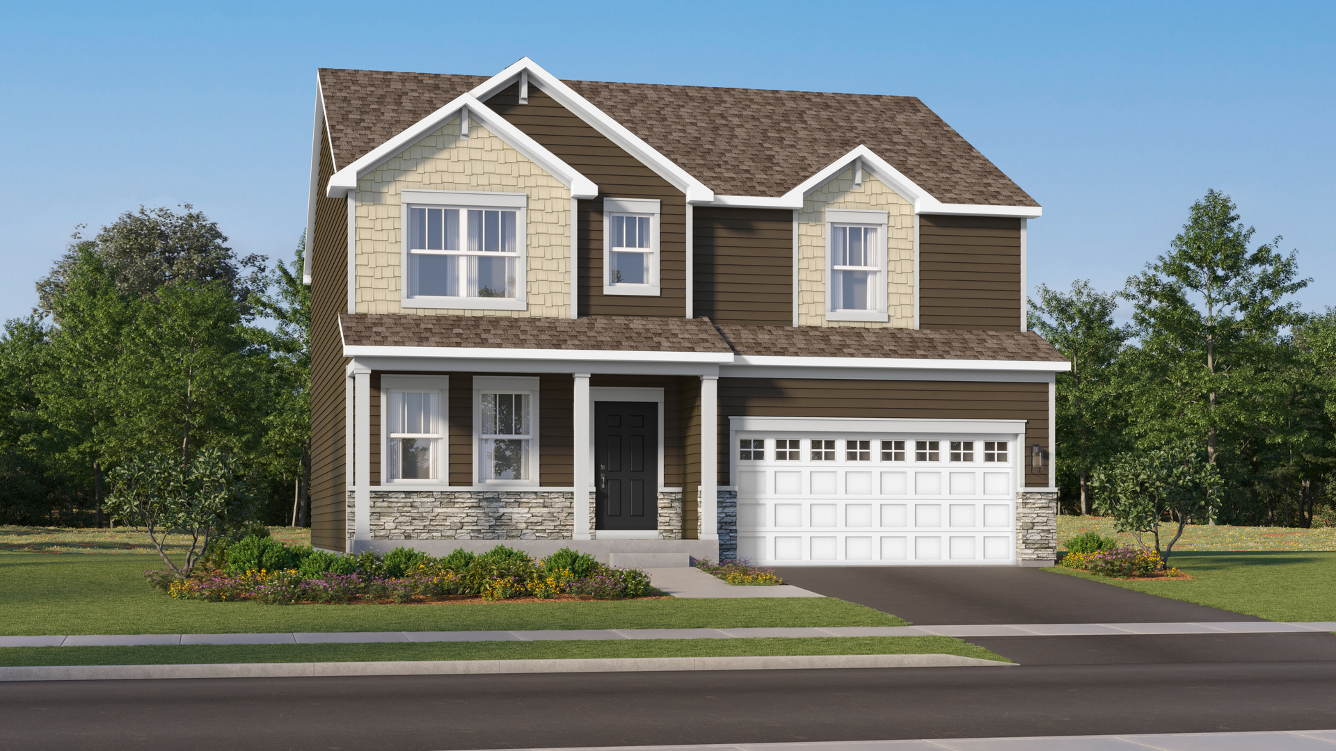 a view of a house with a yard and large trees