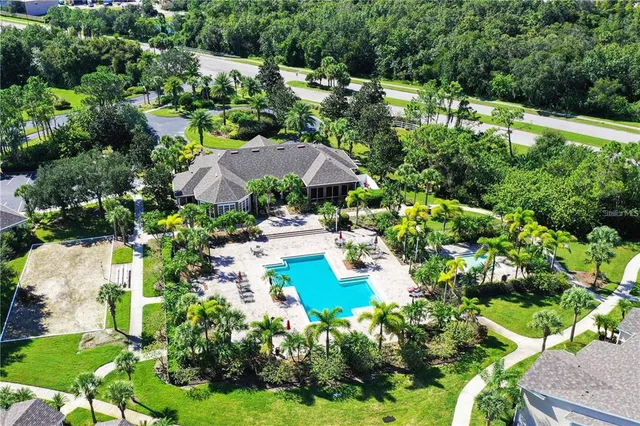a view of backyard with garden and swimming pool