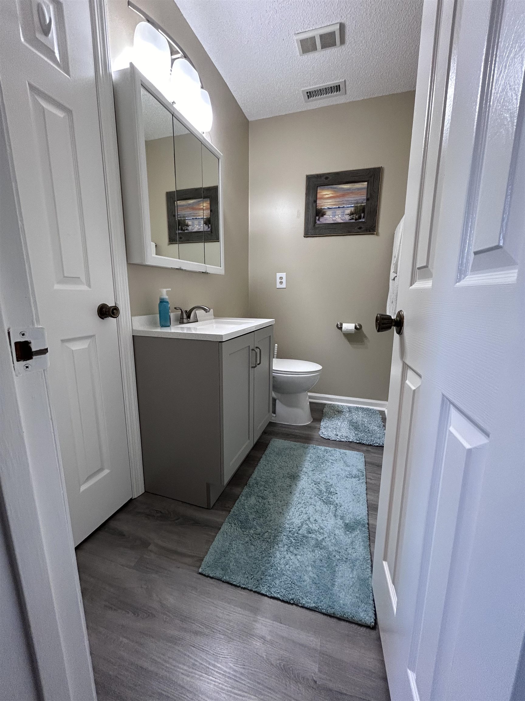 1101 Possum Trot Road, Unit B302 North Myrtle Beach, SC 29582 - Photo 15 of 22 Bathroom featuring toilet, hardwood / wood-style floors, vanity, and a textured ceiling