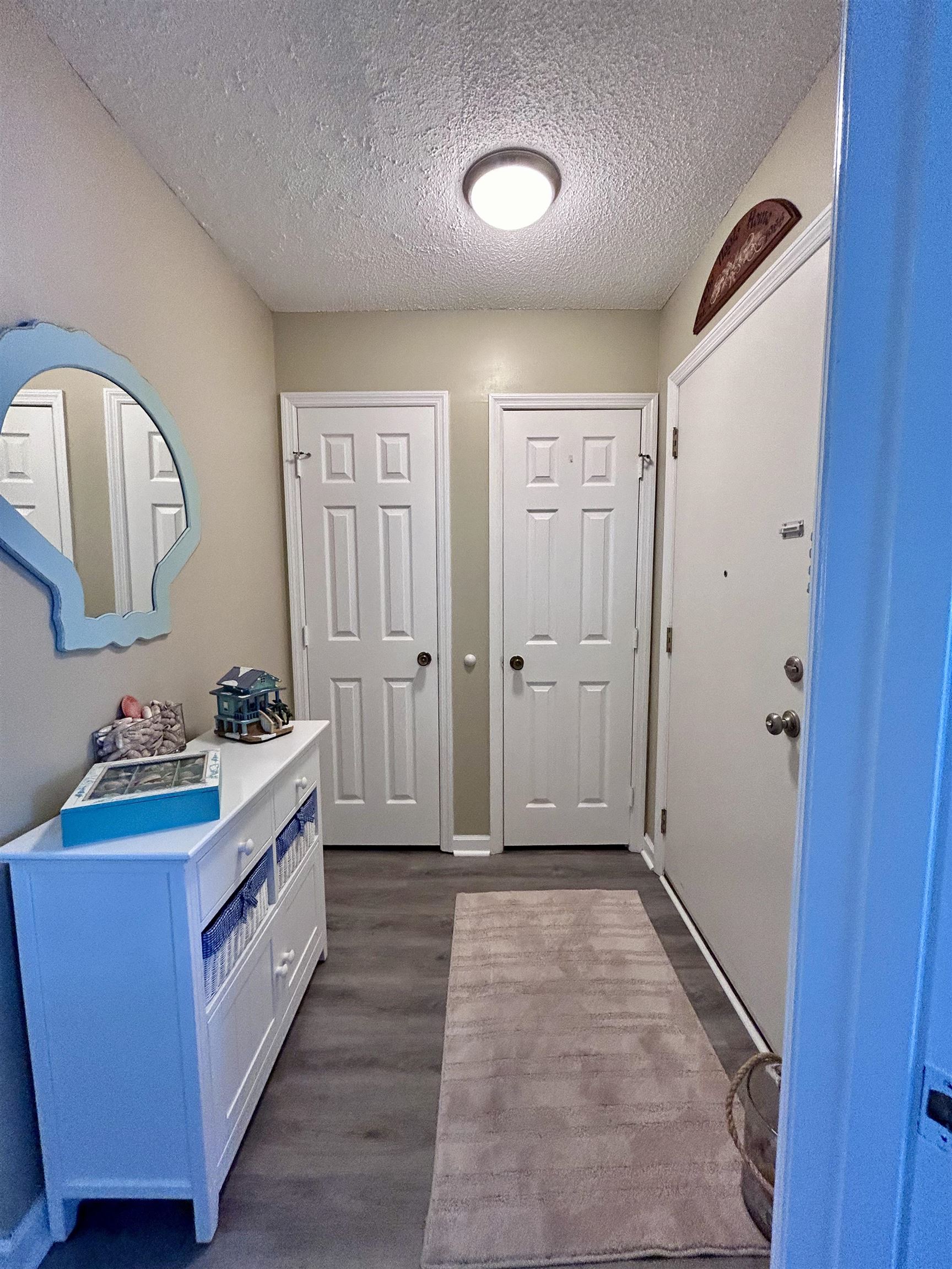 1101 Possum Trot Road, Unit B302 North Myrtle Beach, SC 29582 - Photo 6 of 22 Foyer entrance featuring dark wood-type flooring and a textured ceiling