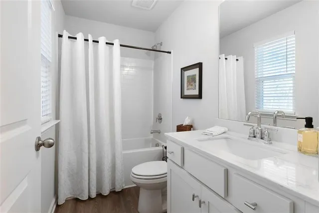 a bathroom with a sink a toilet and shower curtain