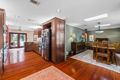 a view of a dining room with furniture