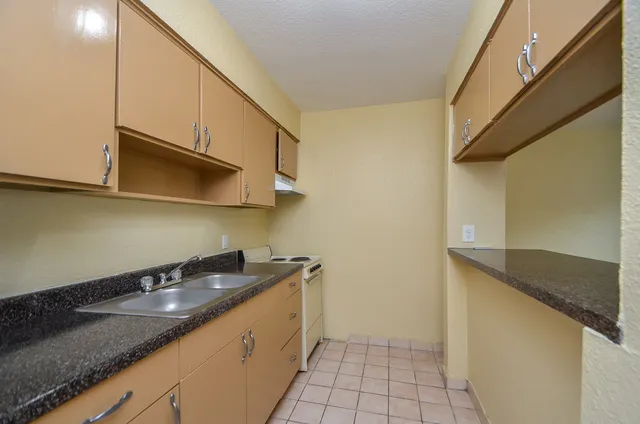 a kitchen with granite countertop a sink a stove and cabinets