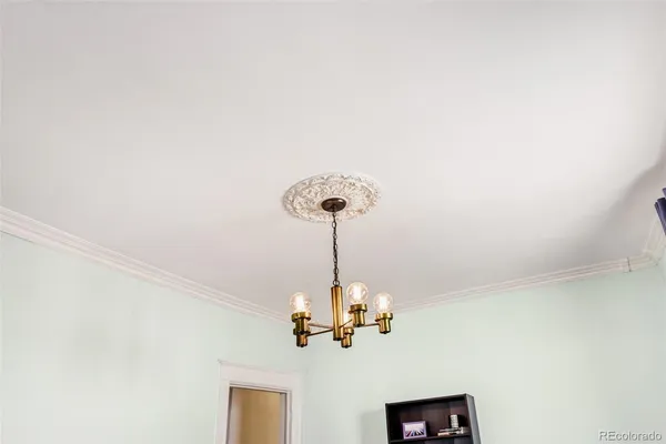 a view of a chandelier in a room
