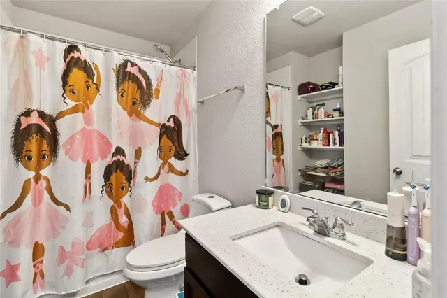 a bathroom with a sink toilet and shower curtain