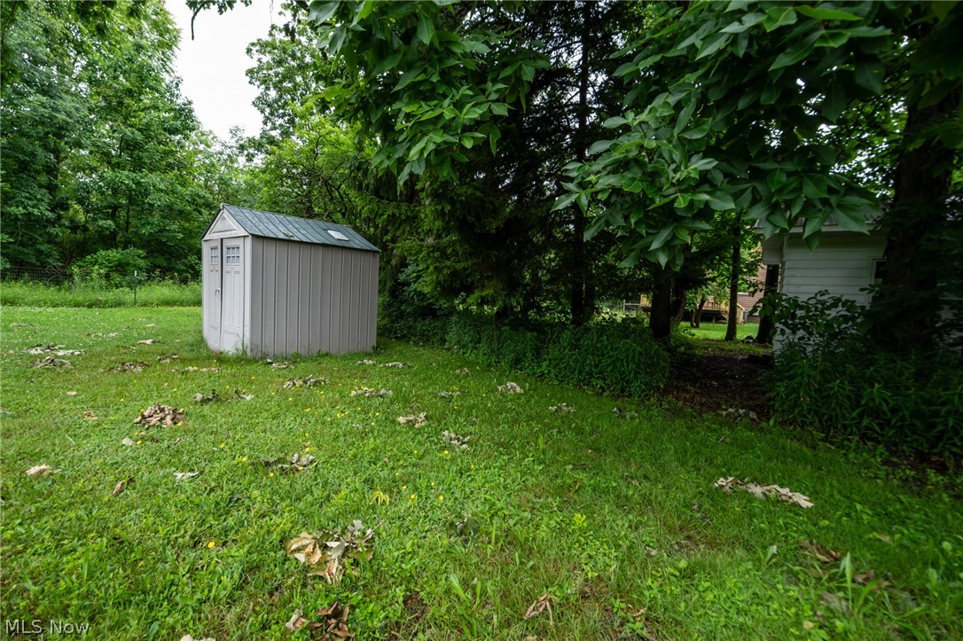 14027 Mayfield Road Huntsburg, OH 44046 - Photo 46 of 50 Freestanding storage shed with a metal roof and double doors, positioned on a grassy area with mature trees