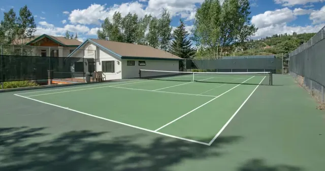 an aerial view of a house with a swimming pool