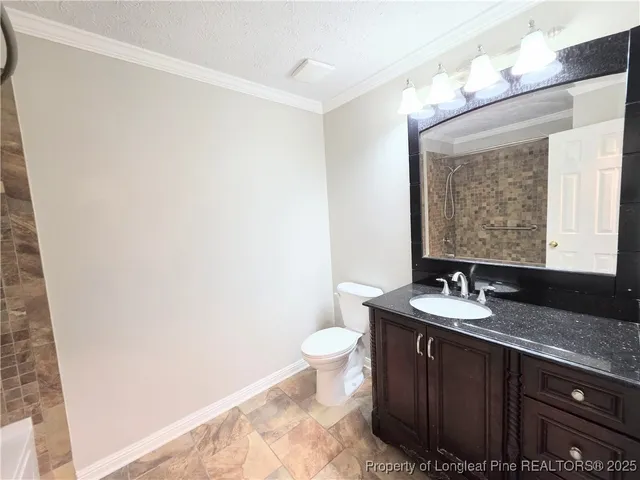 a bathroom with a granite countertop sink a toilet and a mirror