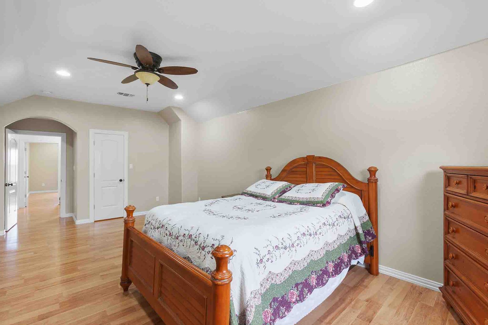 323 Woodbrook Trail Buda, TX 78610 - Photo 23 of 40 Wood-finish flooring throughout, recessed lighting, and a ceiling fan with light fixture