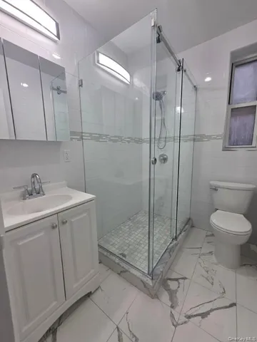 a bathroom with a shower sink vanity and toilet