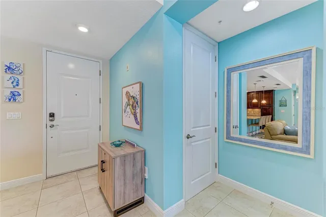 a view of a kitchen counter space and wooden floor