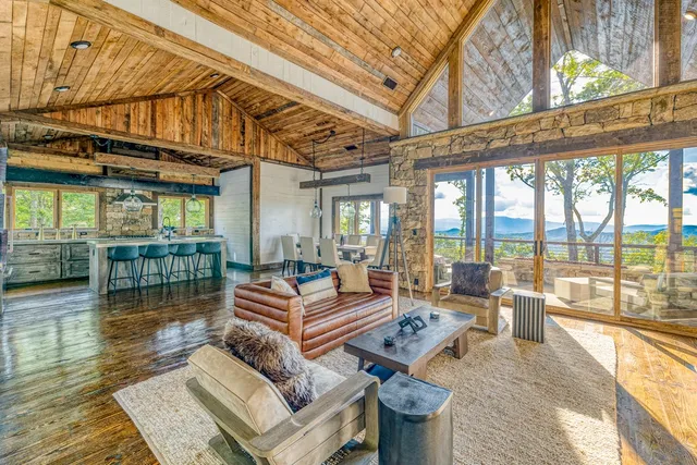 a view from deck with patio