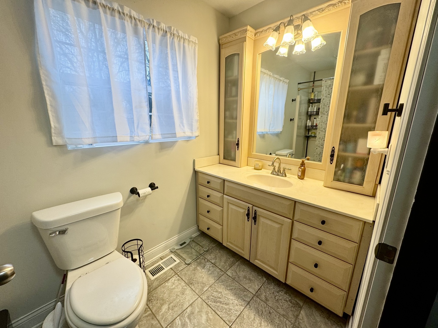 402 North Center Street Colfax, IL 61728 - Photo 15 of 25 a bathroom with a granite countertop toilet sink and mirror