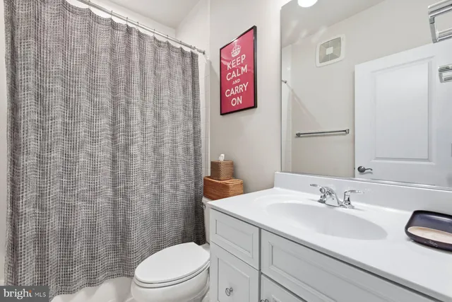 a bathroom with a sink a toilet and shower curtain