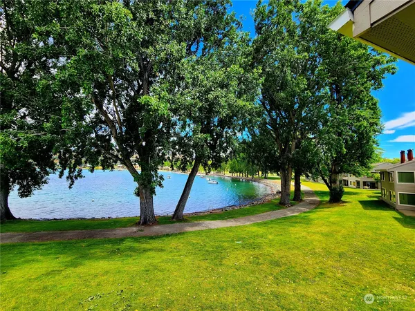 a view of yard with swimming pool and trees
