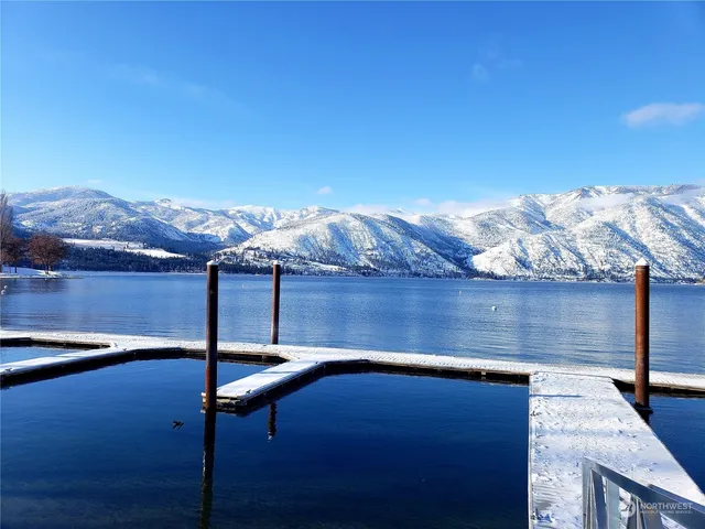 a view of a lake with a mountain in the background