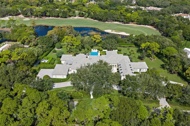 an aerial view of residential houses with outdoor space and trees all around