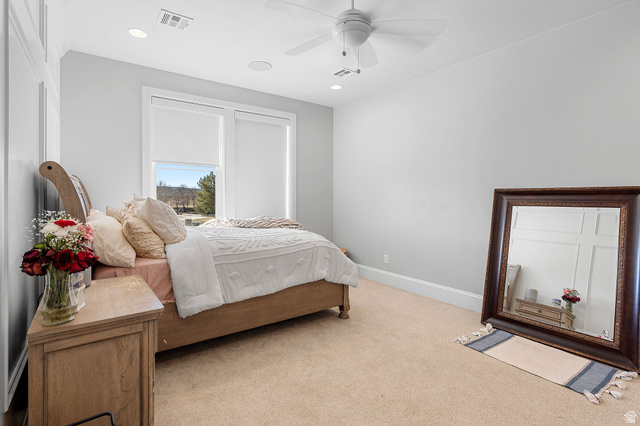2917 Old Farm Road Washington, UT 84780 - Photo 71 of 105 Bedroom featuring light colored carpet, recessed lighting, and ceiling fan