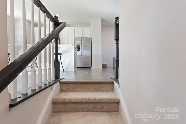 a view of staircase with white walls and a potted plant