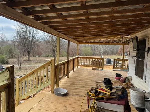 a view of a backyard with lawn chairs and a large tree