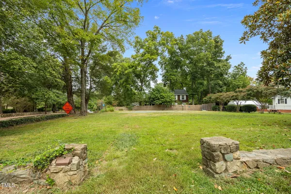 a garden view with a seating space