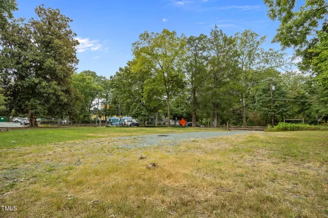 a view of a field with trees in the background