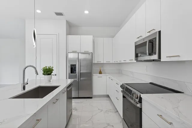 a kitchen with a sink and a potted plant