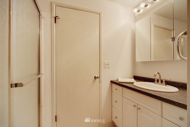 a bathroom with a sink and a mirror