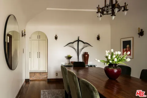 a view of a dining room with furniture