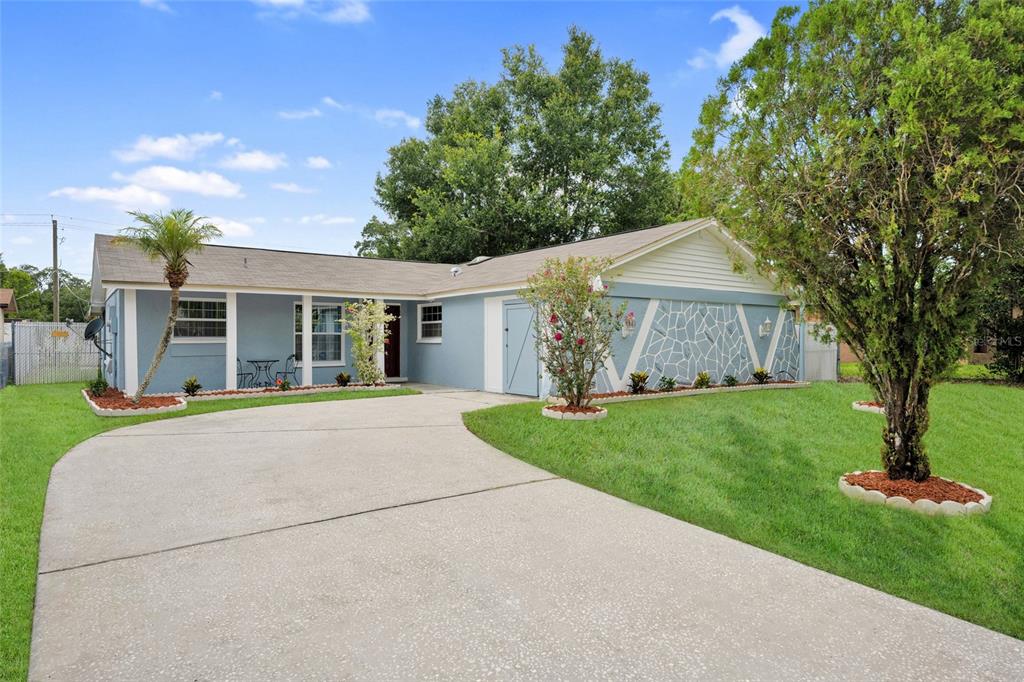 a view of a house with a yard and large tree