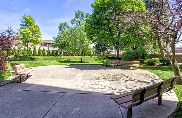a wooden bench sitting in the yard with large trees