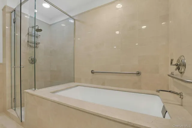 a bathroom with a tub and a shower