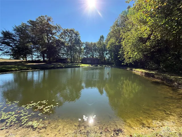 a view of a lake in between two chairs