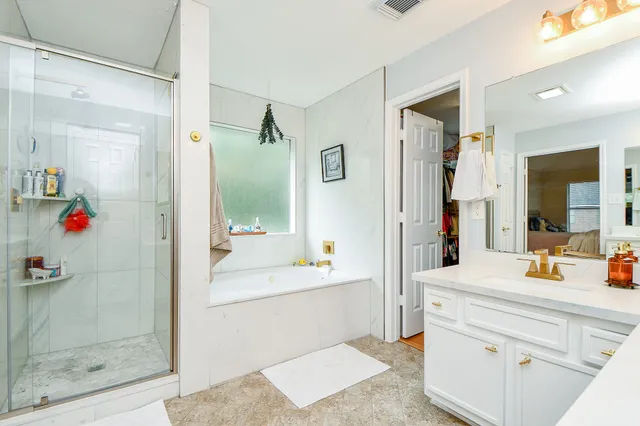 a bathroom with a tub shower sink and mirror