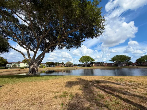 a view of a lake with houses in the background