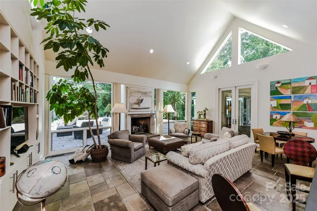 a living room with furniture a fireplace and a potted plant