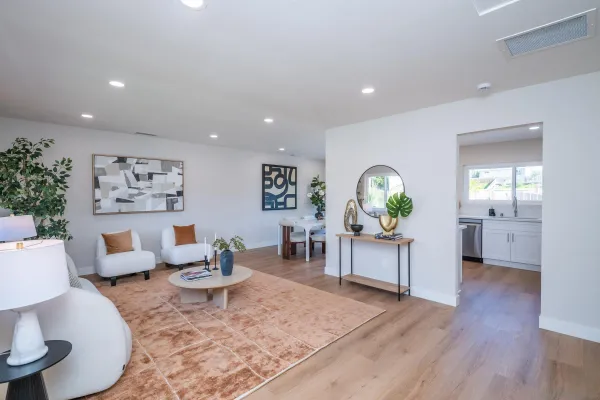 a living room with furniture and a potted plant