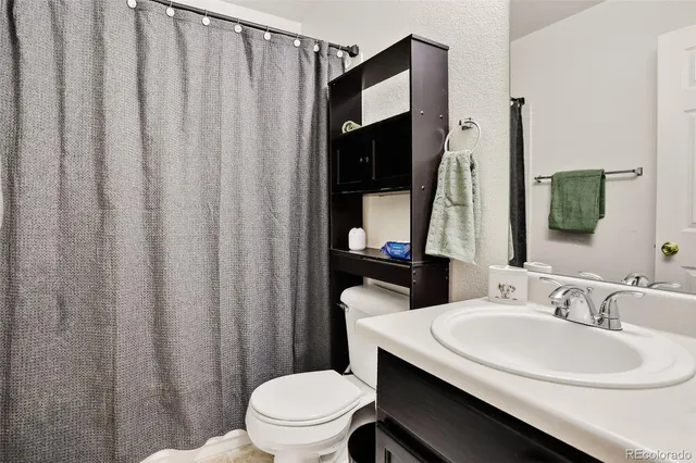 a bathroom with a sink a toilet a mirror and shower curtain