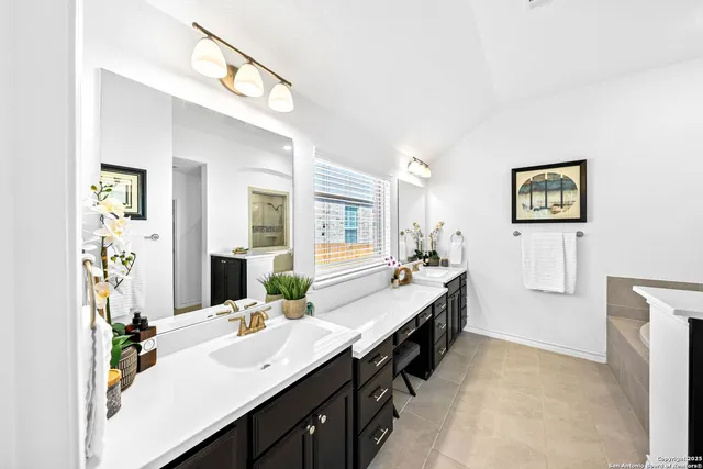 a bathroom with a sink vanity tub and a mirror