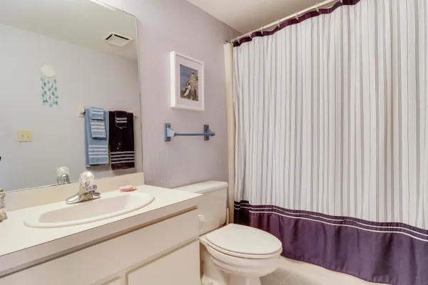 a bathroom with a sink a toilet a mirror and shower curtain
