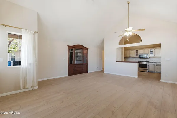 a view interior of a house and kitchen view with wooden floor