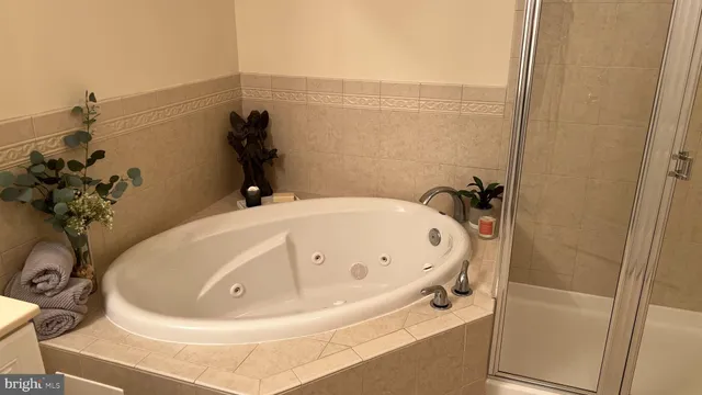 a bathroom with a white tub