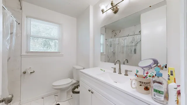 a bathroom with a sink a toilet and shower curtain