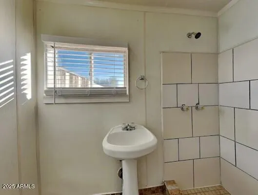 a bathroom with a sink shower and a mirror