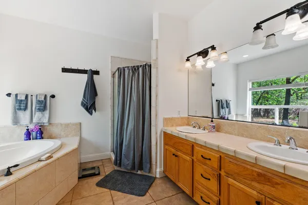 a view of a pathway with a garden