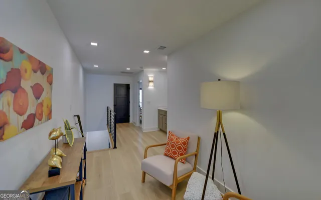 a view of a balcony with wooden floor