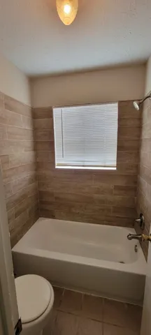a bathroom with a bathtub and a toilet