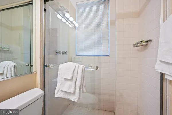 a bathroom with a shower and toilet