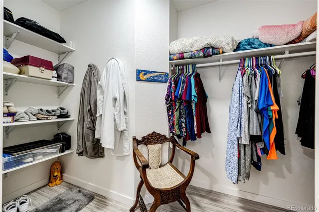 a view of walk in closet with clothes and shoes